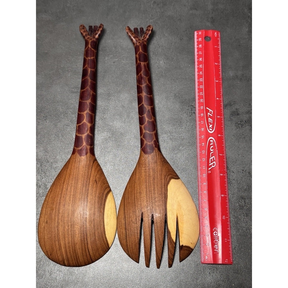Hand Carved Wooden Giraffe Salad Servers Set 2pc Safari Animal Decor 12in - Picture 5 of 6